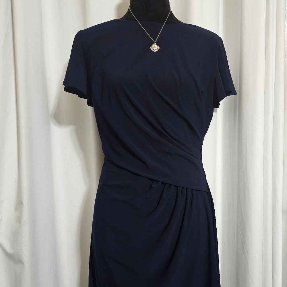 CHAPS 💙 Side Faux Wrap V Neck Stretchy Navy Blue Dress